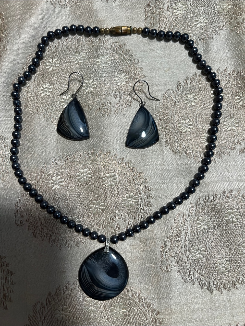Gray Agate Genuine Gemstone Necklace and Earring Set